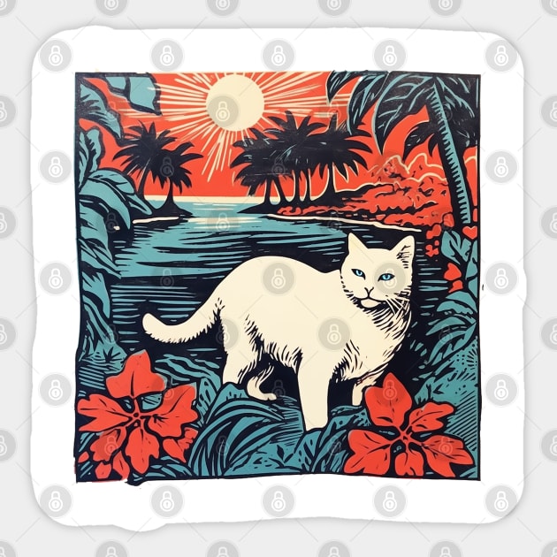 Hawaiian Linocut Cat Sticker by Kona Cat Creationz